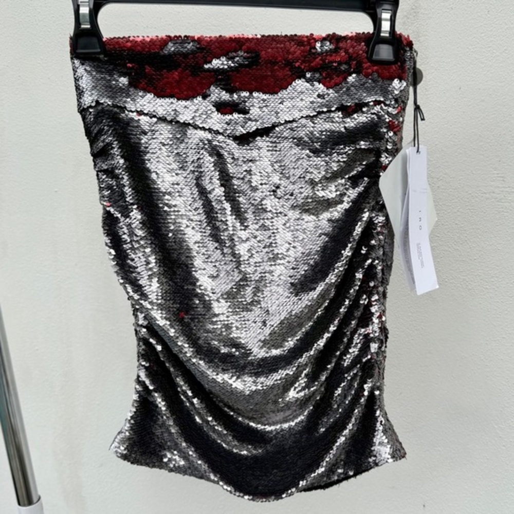 IRO Dreaming Silver & Red Sequin Ruched Mini Skirt Size 34 Extra Small